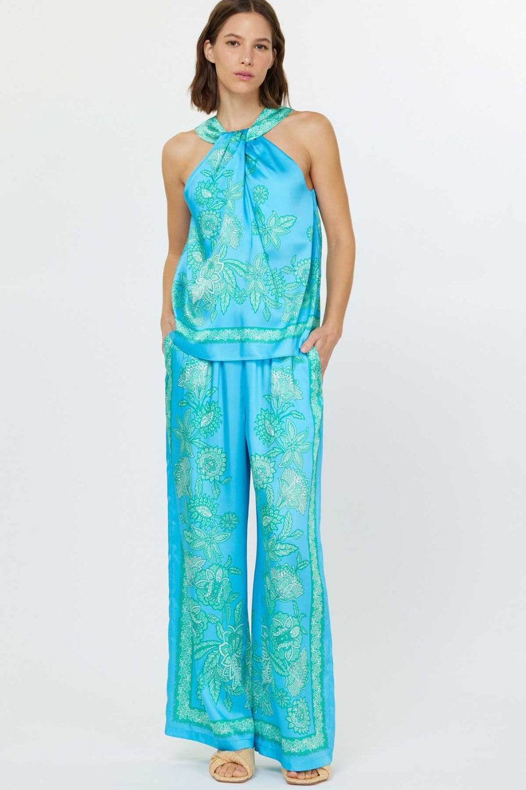 Aqua blue paisley floral wide leg pants and matching top, perfect for a coastal boutique clothing look.