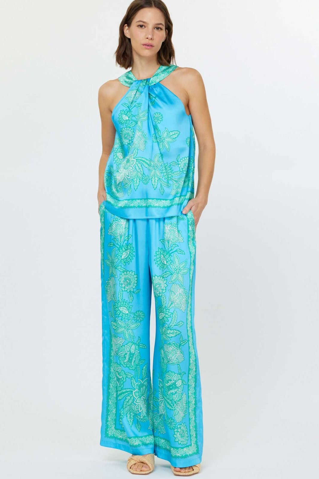 Aqua blue paisley floral wide leg pants and matching top, perfect for a coastal boutique clothing look.