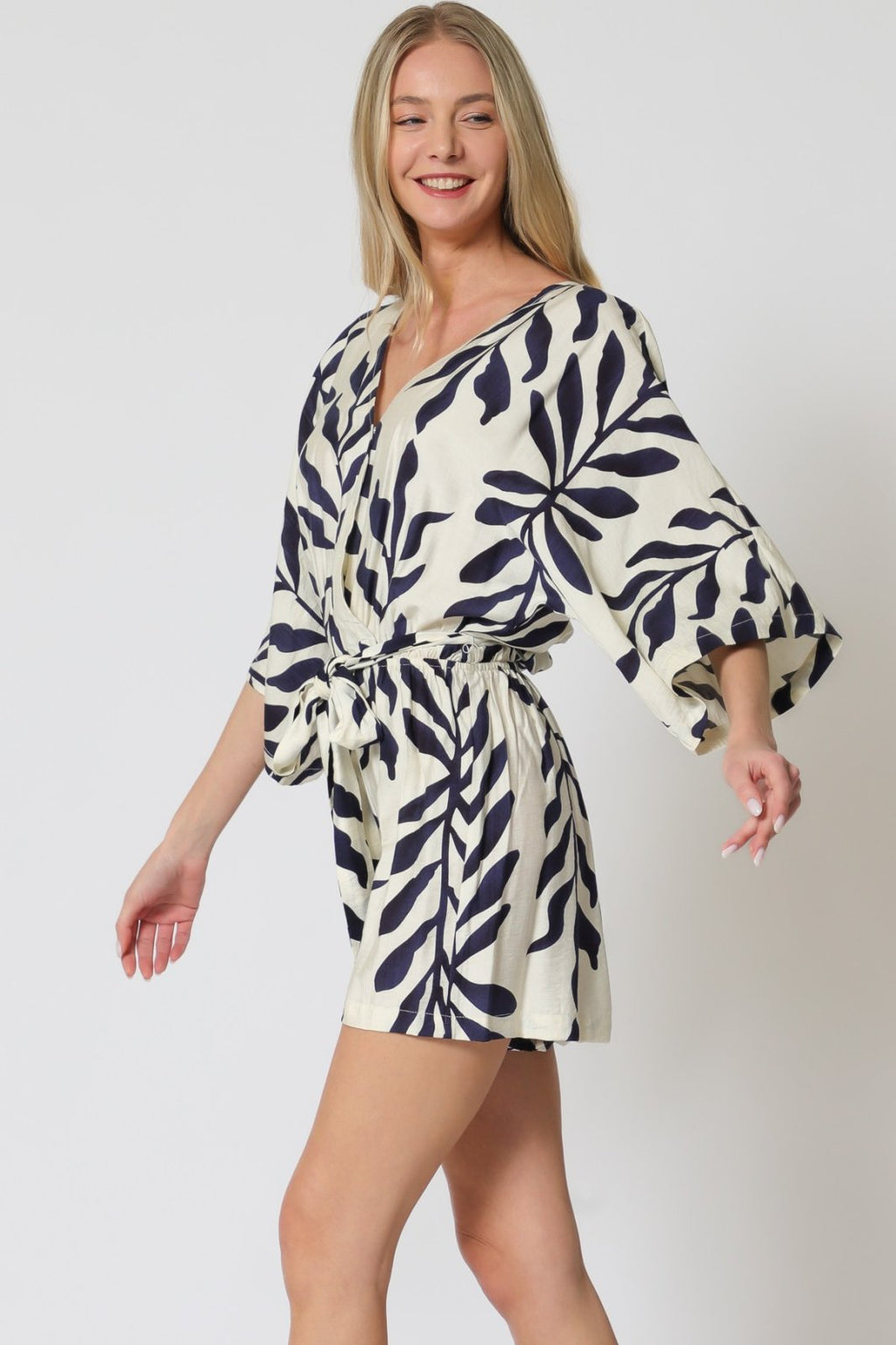 Ivory & navy Vivian romper with kimono sleeves, perfect for coastal boutique clothing and stylish summer outfits.