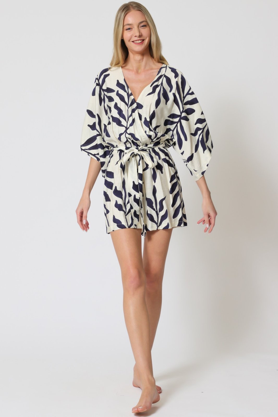 Ivory & Navy Vivian Romper, stylish for coastal boutique clothing and beach dresses. Perfect for tropical vacations and curvy plus sizes.