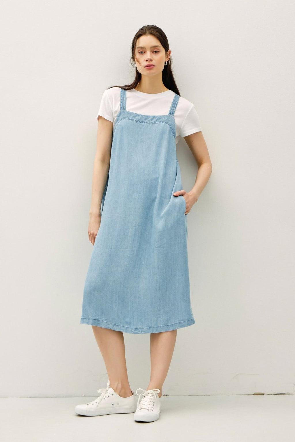 Breeze sleeveless Tencel dress, stylish denim-look finish, perfect for beach days and summer outings, from Port Aransas boutique.