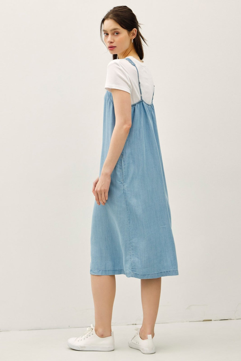 Lightweight Tencel maxi dress with a denim-look, square neckline, ideal for coastal boutiques and tropical vacations.