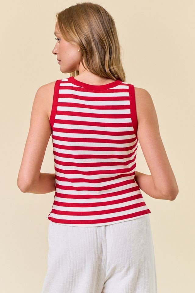 Stylish red stripe knit tank top from a Port Aransas boutique, perfect for layering and coastal summer looks.