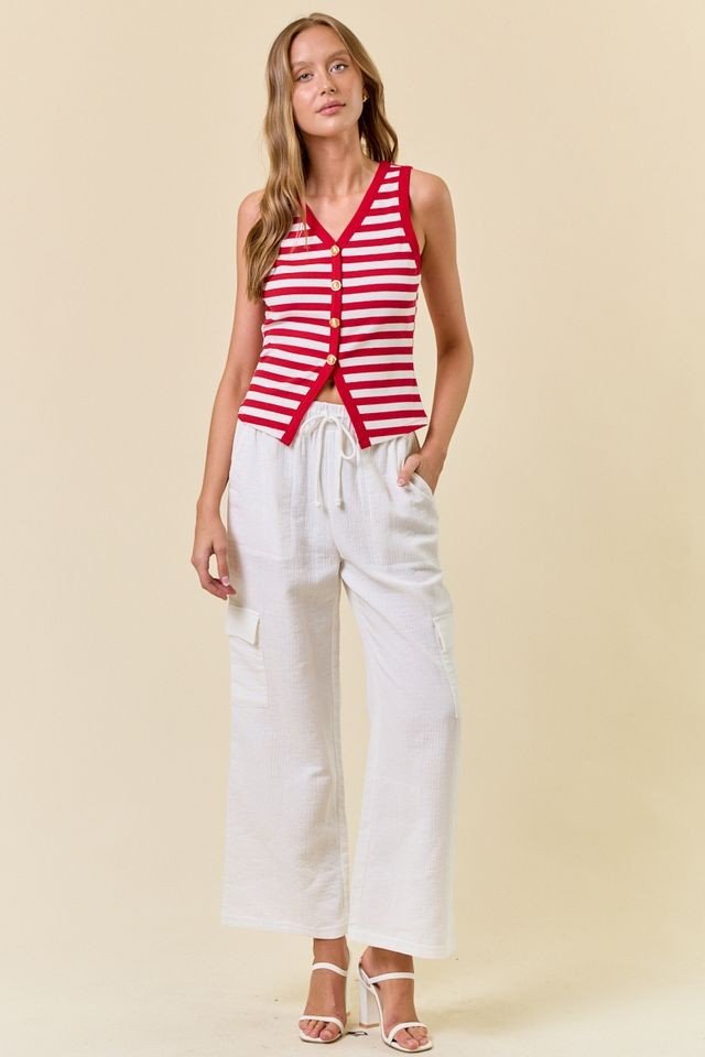 Josie Top: bold red stripe knit tank, stylish women's top perfect for coastal boutique clothing and tropical vacation dresses.