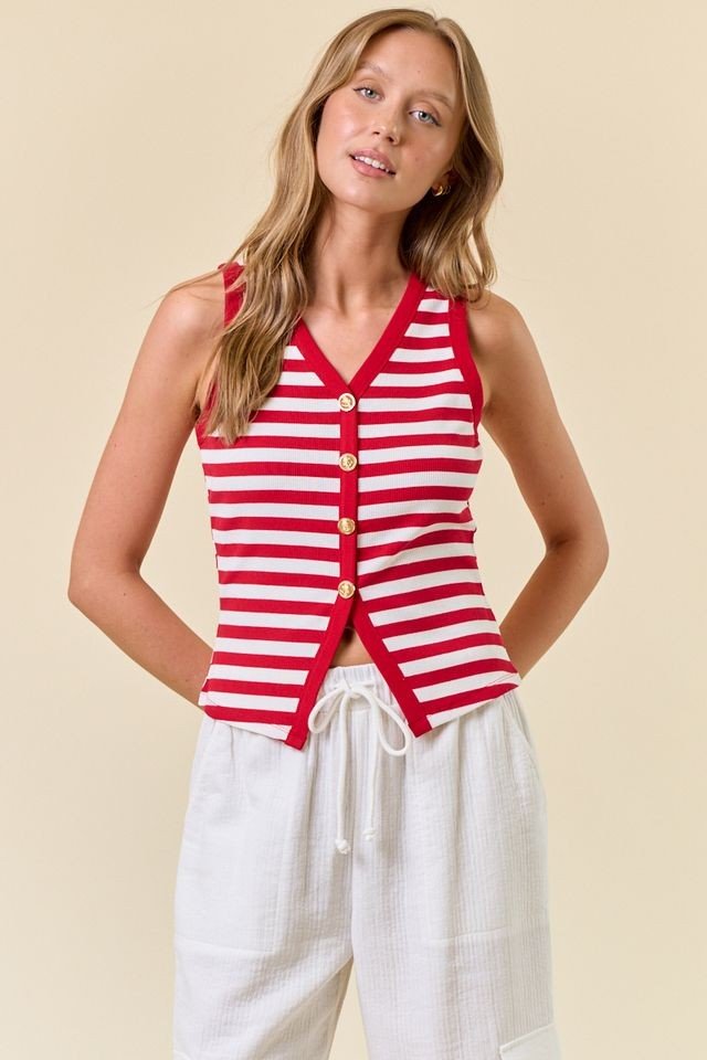 Josie Top: Bold red stripe knit tank top with V-neck, gold-tone buttons, perfect for coastal boutique clothing and beach dresses.