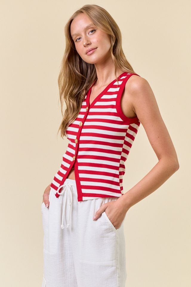 Josie Top - Bold red stripe tank from our coastal boutique featuring a flattering V-neck and relaxed fit, ideal for summer layering.
