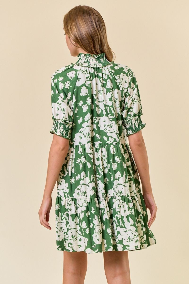 Green floral smocked neck dress, perfect for coastal boutique clothing and stylish tops for women.