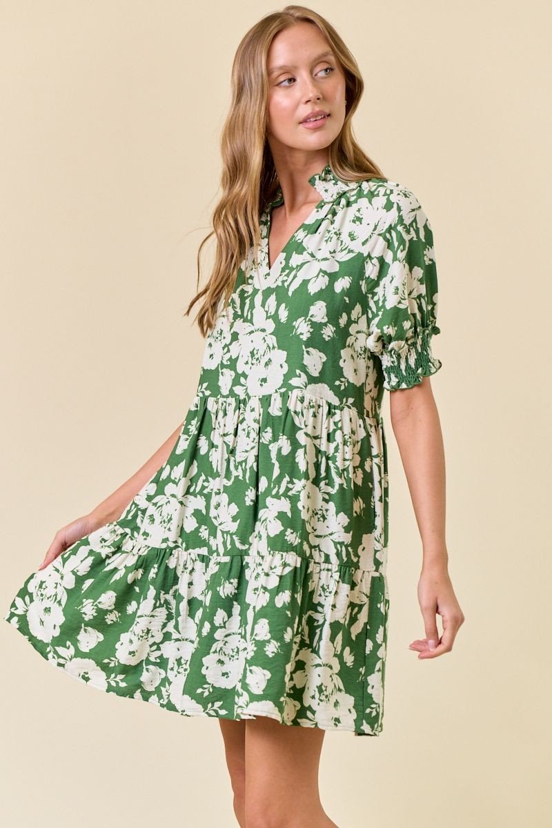 Green floral smocked neck dress perfect for coastal boutique clothing and stylish tops for women. Ideal for tropical vacations.