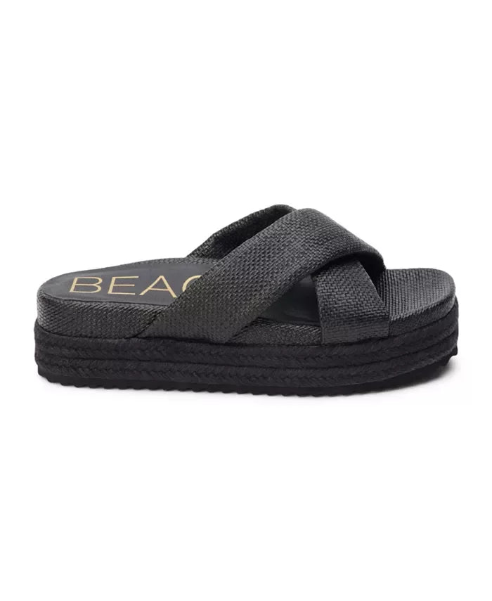 Hali Black Sandal from Raggdoll Boutique, featuring puffy crisscross straps and platform design, perfect for summer outfits Texas.