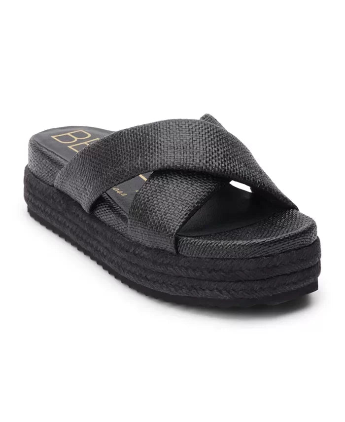 Hali Black Sandal with puffy crisscross straps, ideal for trendy coastal style from Raggdoll Boutique.