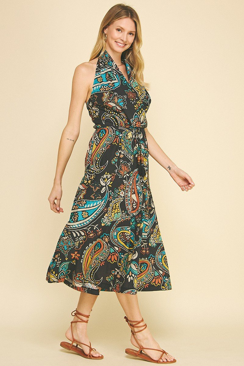 Stylish halter neck maxi dress in paisley print, perfect for summer beaches and curvy plus size fashion. Coastal boutique clothing.