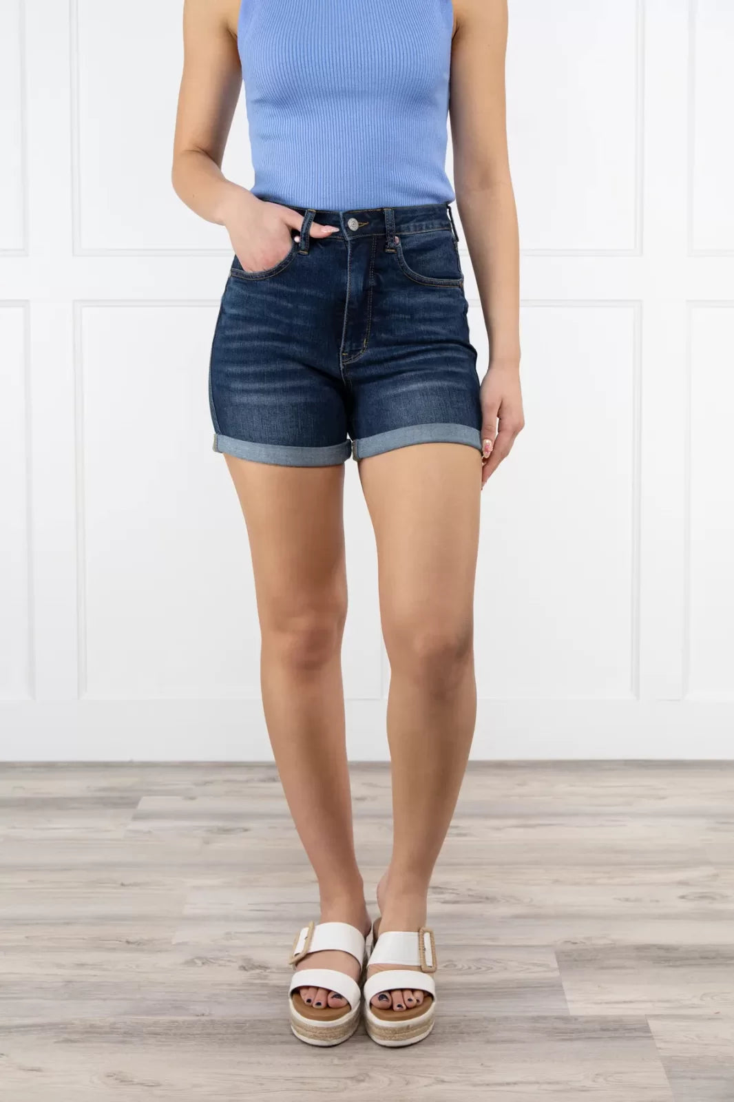 JUDY BLUE TUMMY CONTROL/COOL DENIM SHORTS featured with a blue top and stylish sandals, perfect for summer outfits Texas.