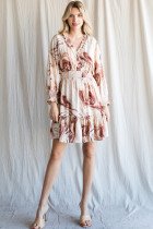 SWEET SWIRL PRINT DRESS WITH RUFFLE TRIM modeled by a woman, perfect for summer outfits Texas and boutique fashion.