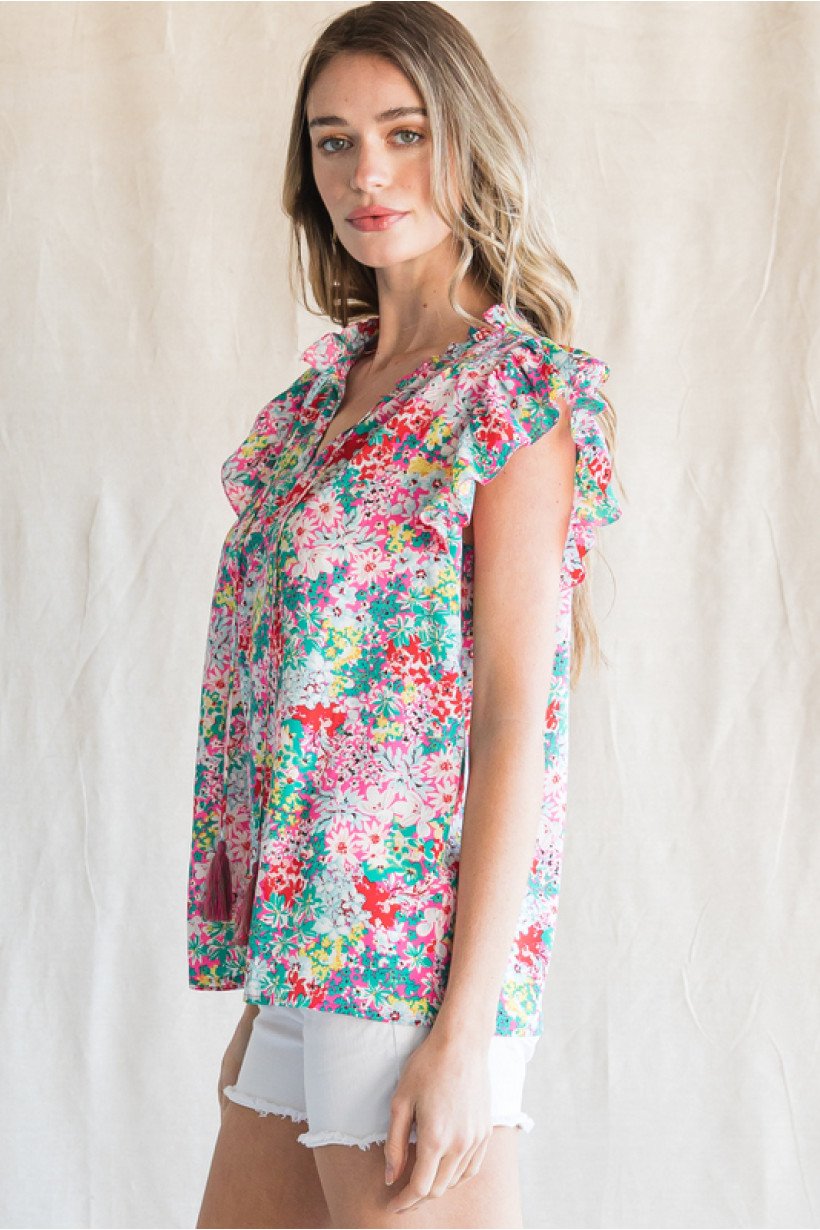 PINK, YELLOW GREEN FLORAL TOP from Raggdoll Boutique, perfect for trendy coastal style and summer outfits in Texas.