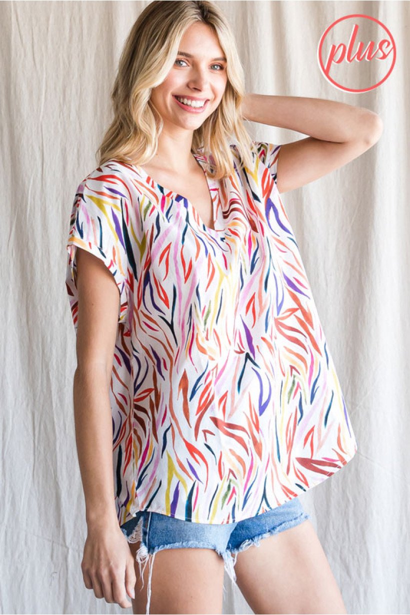 PLUS MULTI AND WHITE TOP perfect for summer outfits Texas from Raggdoll Boutique, trendy coastal style in Port Aransas.