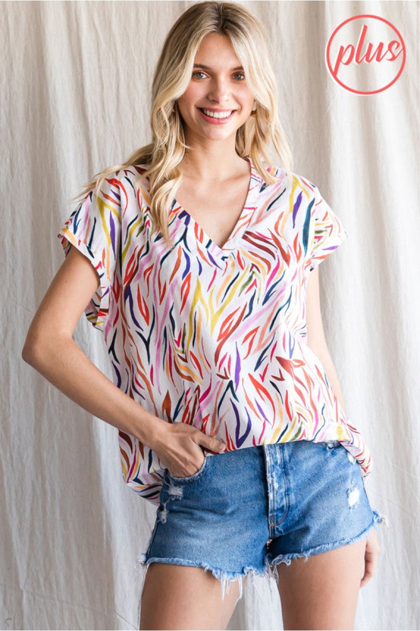 PLUS MULTI AND WHITE TOP, vibrant boutique top for women, trendy coastal style from Raggdoll Boutique.