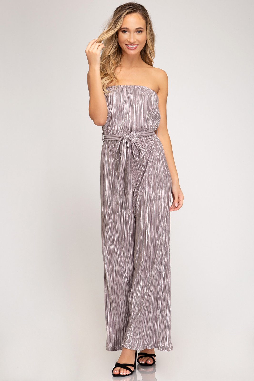 SILVER/MAUVE PLEATED JUMPSUIT from Raggdoll Boutique, perfect for summer outfits Texas and vacation wardrobe boutique.