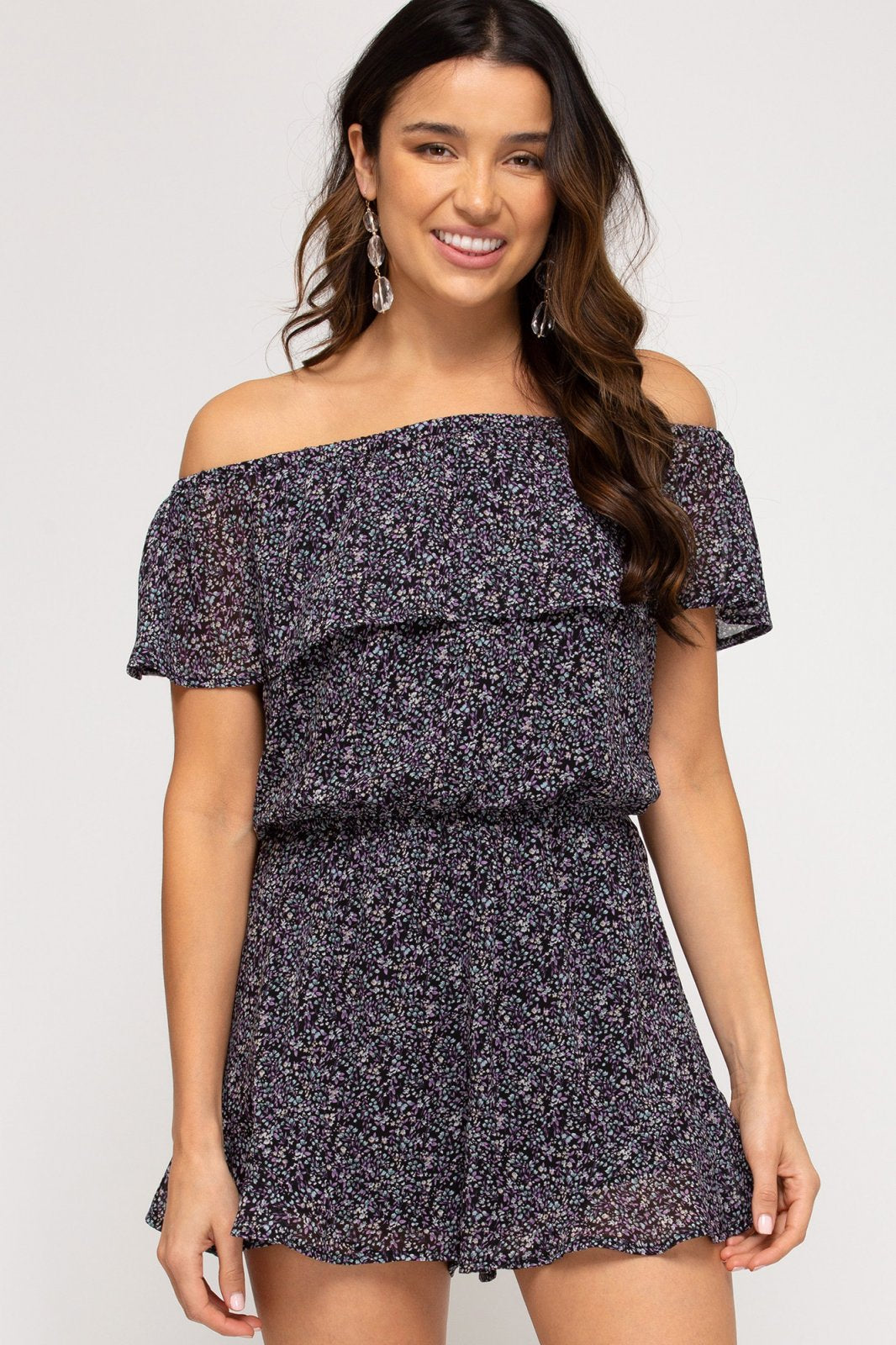 BLACK FLORAL OFF-SHOULDER ROMPER from Raggdoll Boutique, perfect for trendy coastal style and summer outfits Texas.