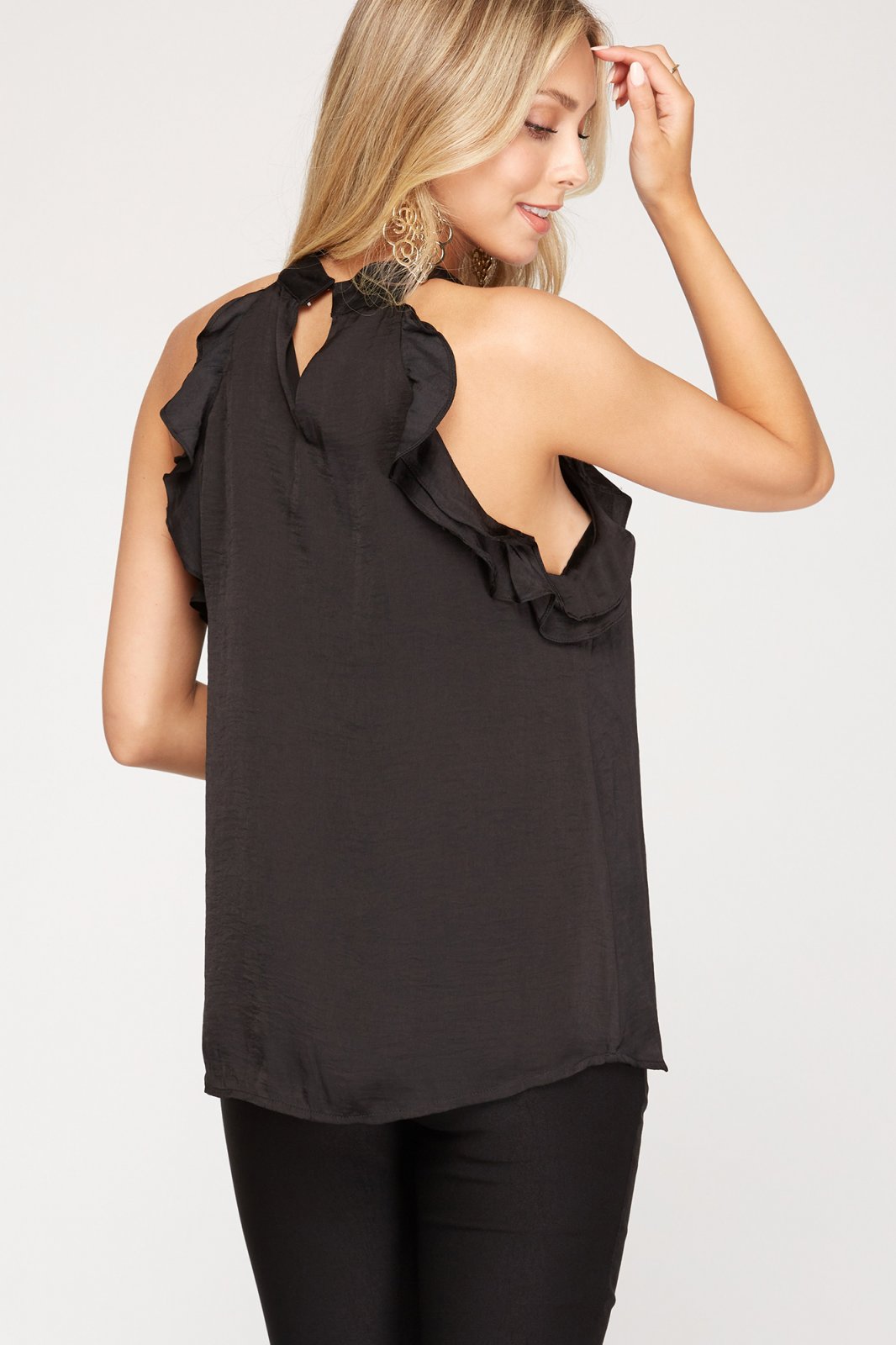 LOVE BLACK! SATIN HALTER TOP, sleeveless ruffled satin top, trendy coastal style, Raggdoll Boutique fashion.