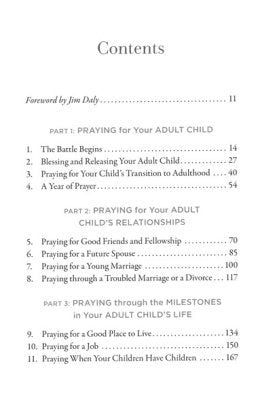 Contents page detailing sections on praying for adult children, relationships, and milestones in their life.