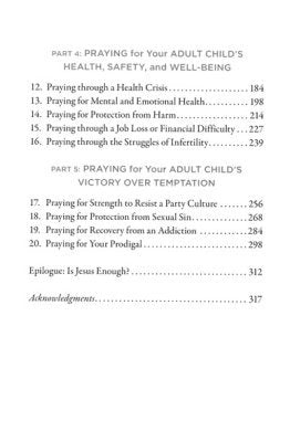 Table of contents: prayers for adult child's health, safety, well-being, temptation, and recovery topics.