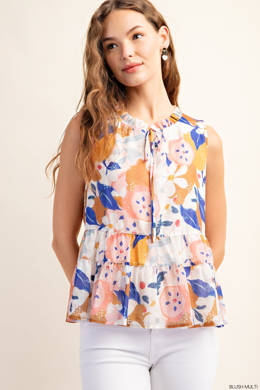 TIERED SLEEVELESS TOP (FLORAL RUFFLE NECK) from Raggdoll Boutique in vibrant summer floral design.
