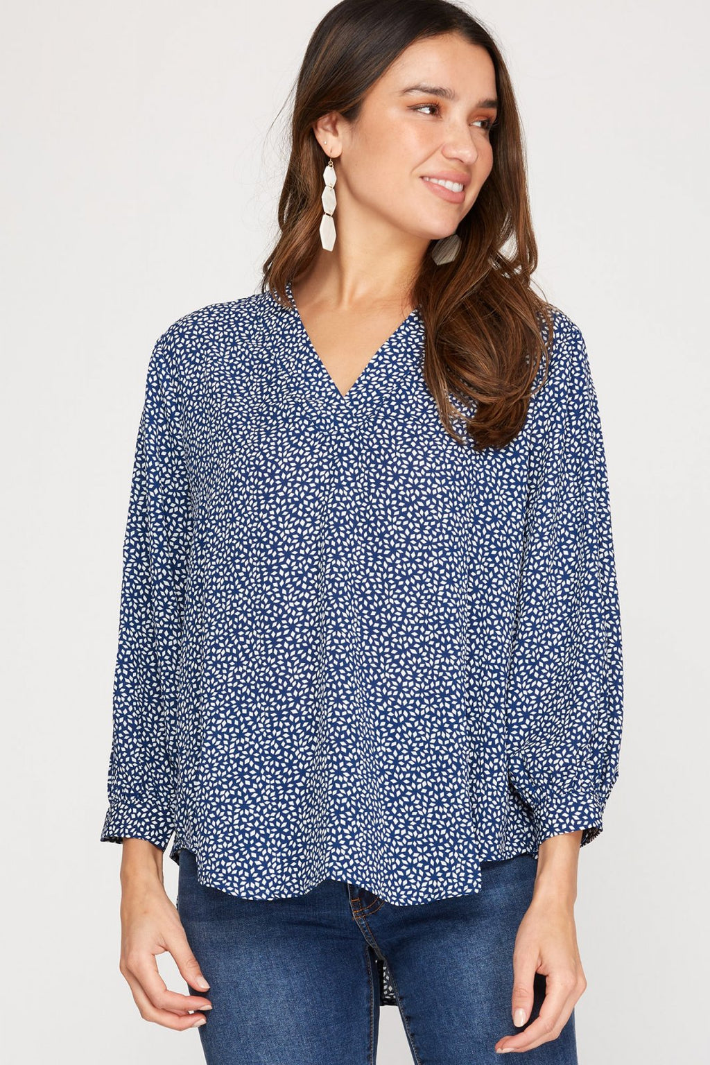 Model wearing a stylish NAVY AND WHITE TOP from Raggdoll Boutique, perfect for summer outfits Texas and coastal fashion.