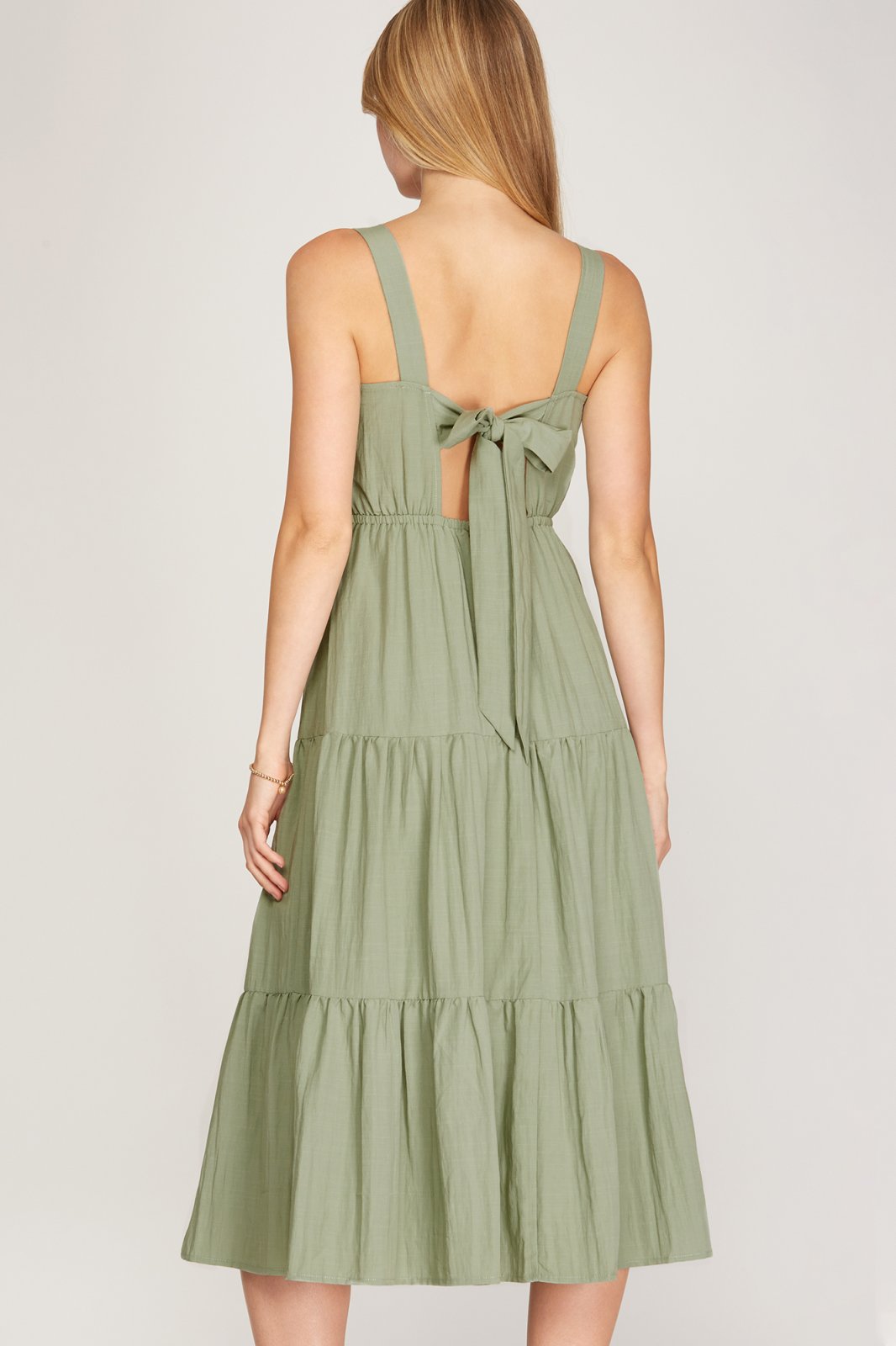 SIMPLE ROMANCE DUSTY SAGE TIE-BACK DRESS shown from the back, perfect for summer outfits Texas at Raggdoll Boutique.