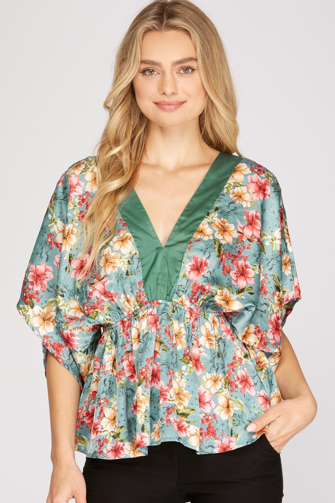 SLATE, GREEN FLORAL KIMONO TOP from Raggdoll Boutique, perfect for trendy coastal style and summer outfits in Texas.