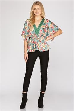 SLATE, GREEN FLORAL KIMONO TOP styled with black pants, perfect for trendy coastal style at Raggdoll Boutique.