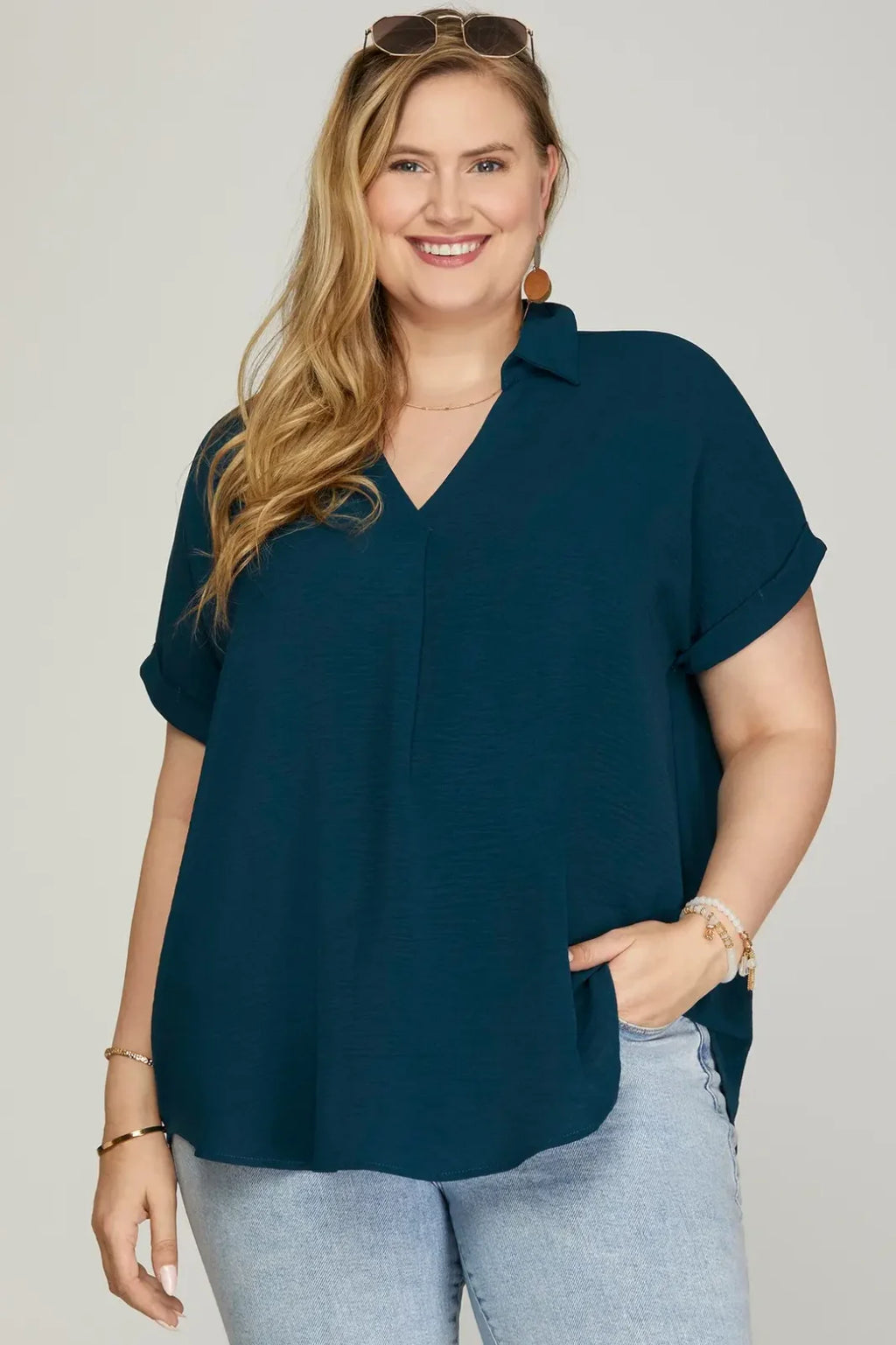 Plus Teal Top from Raggdoll Boutique, featuring a relaxed fit and collared neckline, perfect for summer outfits Texas.