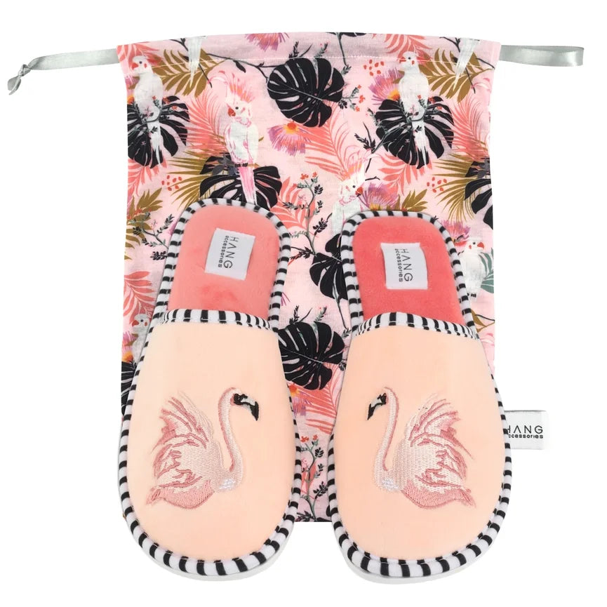 Pink Flamingo slippers with matching pouch, perfect for coastal boutique clothing and tropical vacation dresses.