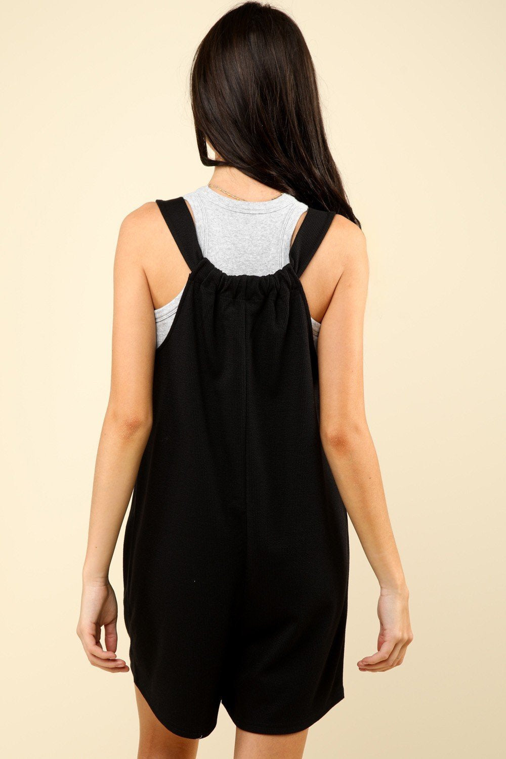 Riley Romper (BLACK) back view, 95% Cotton, trendy coastal style, Raggdoll Boutique, Port Aransas boutique, summer outfits Texas.