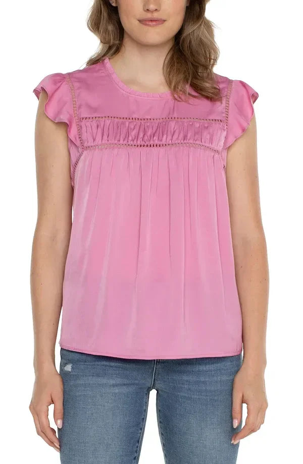 Liverpool Rose Pink Flutter Sleeve Top with flutter sleeves and eyelet trim, perfect for summer outfits Texas.