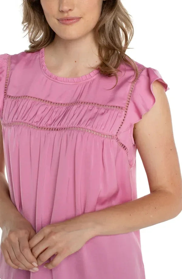 Liverpool Rose Pink Flutter Sleeve Top with delicate eyelet trim from Raggdoll Boutique, perfect for summer outfits Texas.
