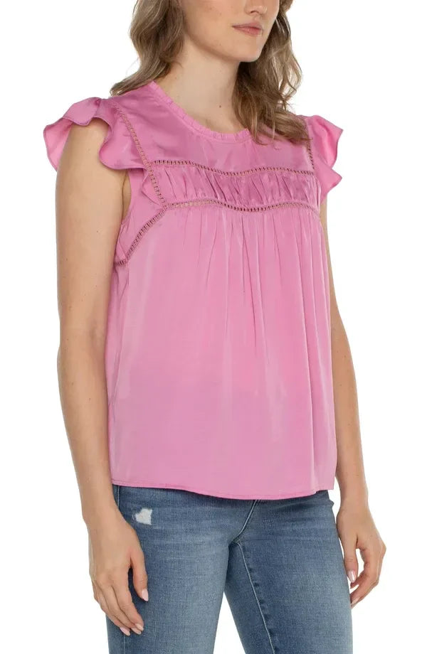 Liverpool Rose Pink Flutter Sleeve Top for summer outfits Texas at Raggdoll Boutique.
