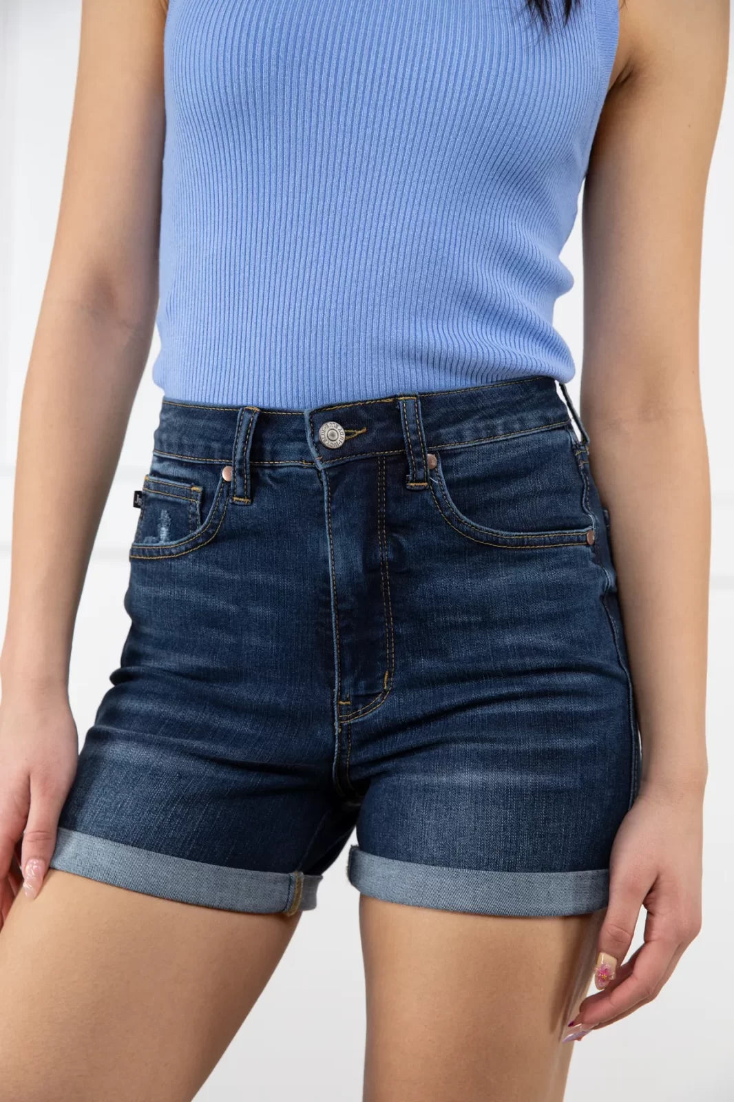 JUDY BLUE TUMMY CONTROL/COOL DENIM SHORTS worn with a ribbed top, perfect for summer outfits Texas from Raggdoll Boutique.