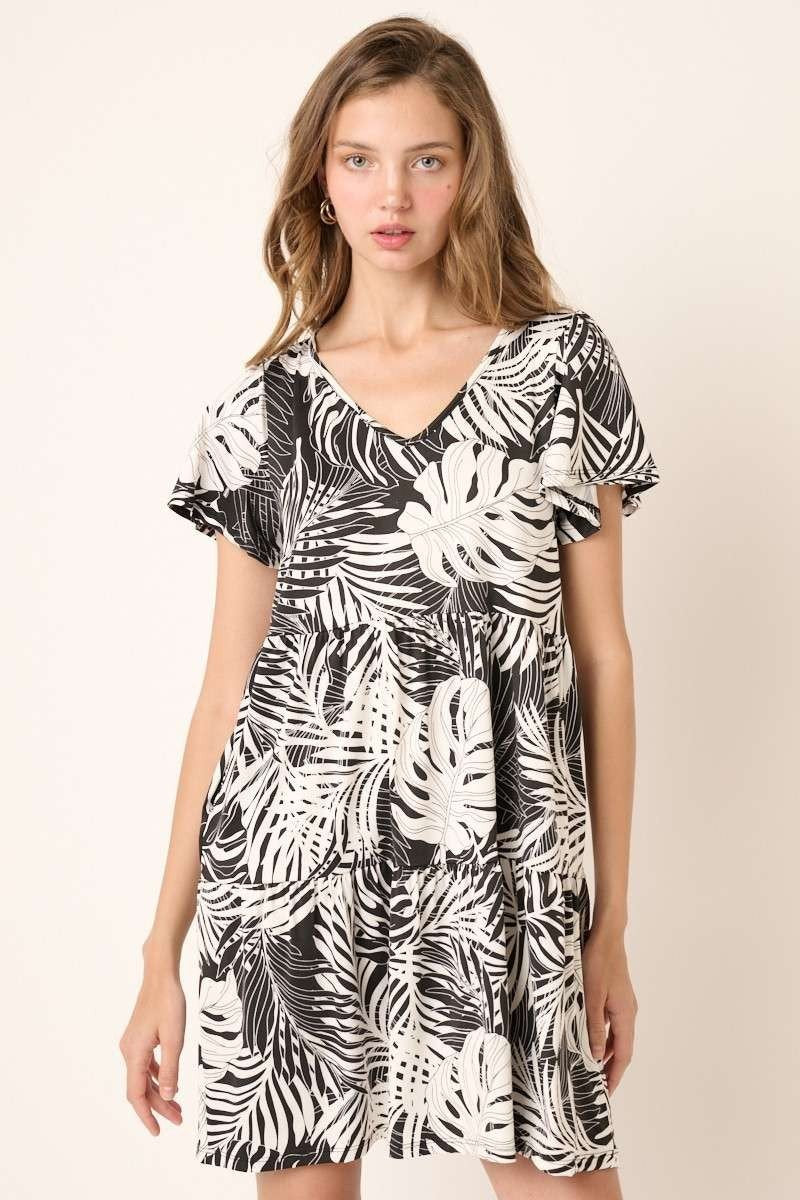Miley Dress - Tropical print ruffle tier mini dress from Raggdoll Boutique, perfect for summer outfits Texas and coastal fashion.