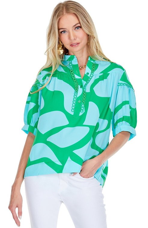 Stylish green and blue Arial Top for women, perfect for coastal boutique clothing and tropical vacation dresses.