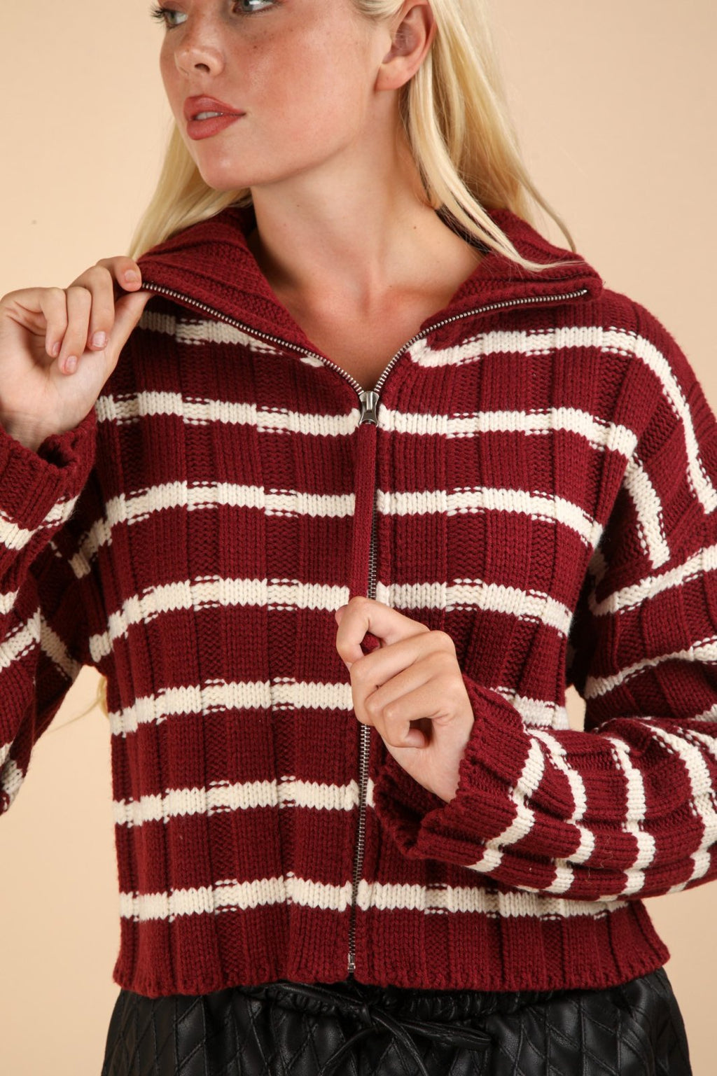 Oversized wine and white striped zipper cardigan from a Port Aransas boutique, perfect for coastal boutique clothing lovers.