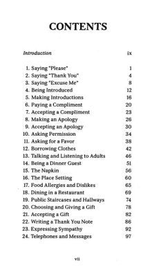 Table of contents for a guide on social etiquette, covering various topics like gratitude, dining, and communication skills.