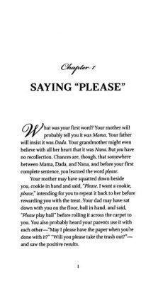 Page from a book titled 'Saying Please' discussing early childhood words and parent-child interactions.