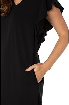 Liverpool Flutter Sleeve Black Dress showcasing flutter sleeves and a stylish pocket detail.