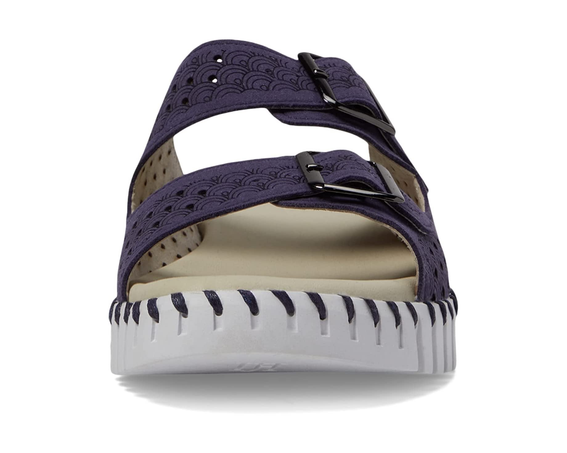 NAVY TULIP SANDALS DOUBLE STRAP W/BUCKLES by ILSE JACOBSEN, stylish and comfortable slip-on sandals for summer outfits.