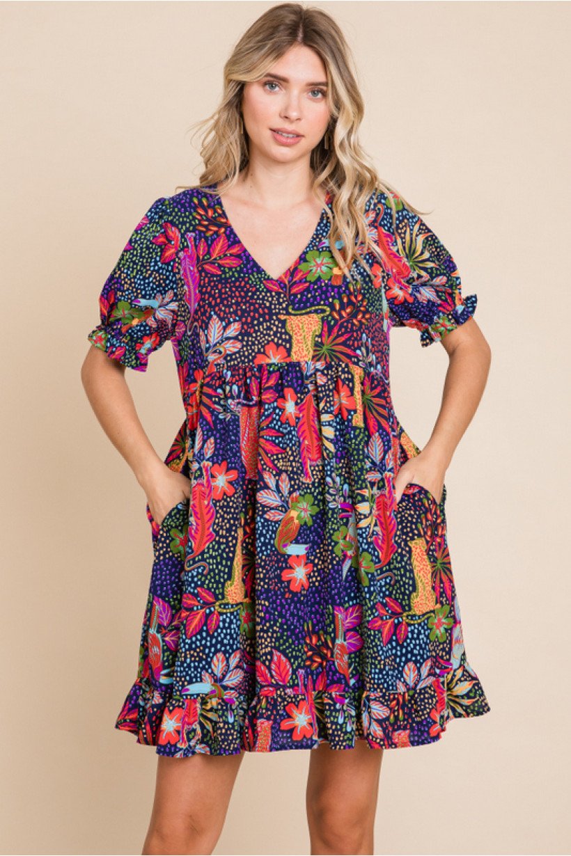 Laura Bell Dress in vibrant floral print from Raggdoll Boutique, perfect for summer outfits Texas and vacation wardrobe boutique.