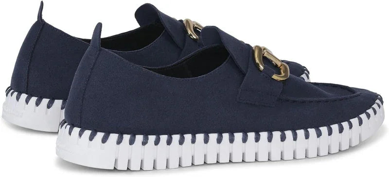 Dark indigo Tulip Buckle flats by Ilse Jacobsen with gold buckle, perfect for coastal boutique clothing and tropical vacation dresses.