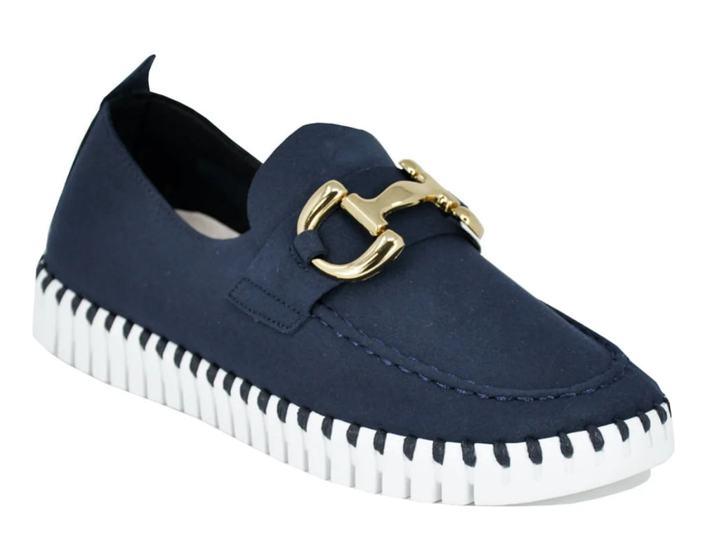 Dark indigo Tulip Buckle flats by Ilse Jacobsen, perfect for coastal boutique clothing and summer beach dresses.