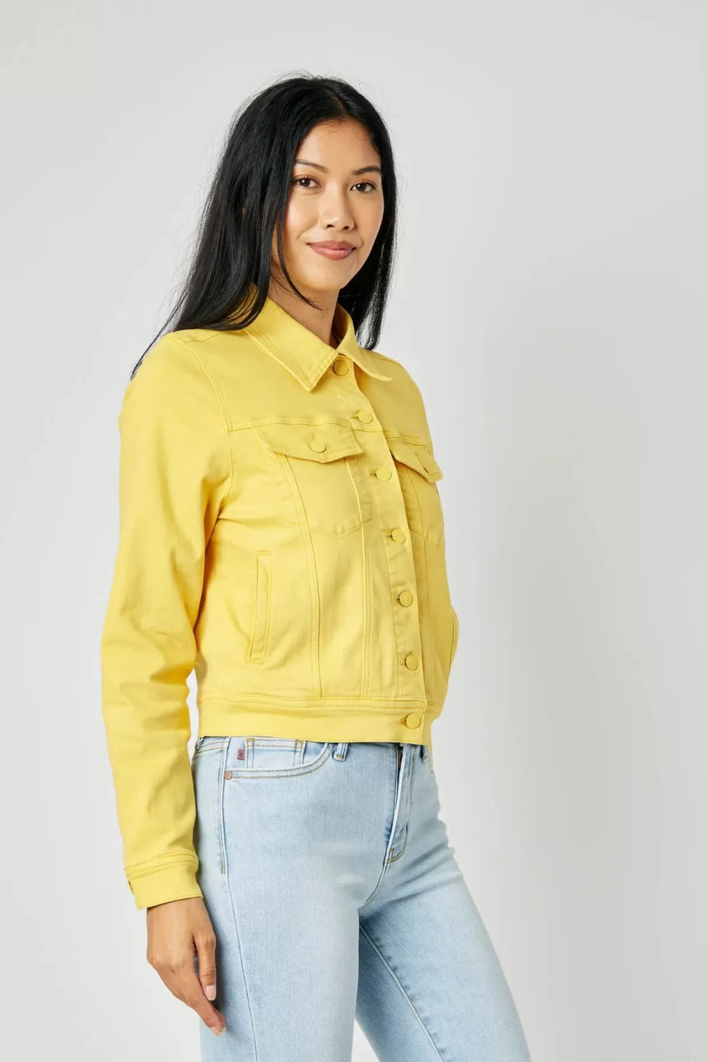 JUDY BLUE YELLOW DYED DENIM JACKET displayed on a model, styled for trendy coastal fashion from Raggdoll Boutique.