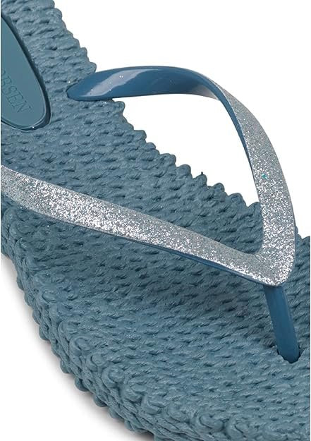 CHEERFUL FLIP-FLOPS BY ILSE JACOBSEN (BLUE) showing textured sole and glitter straps for stylish summer wear.