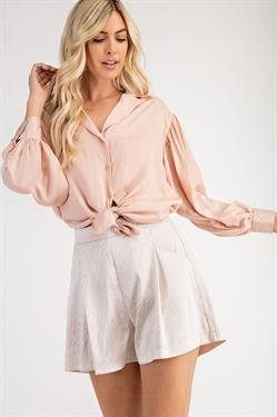 Stylish Sweet Blush Tie Front Collared Top paired with a chic skirt, perfect for coastal boutique clothing and tropical vacations.